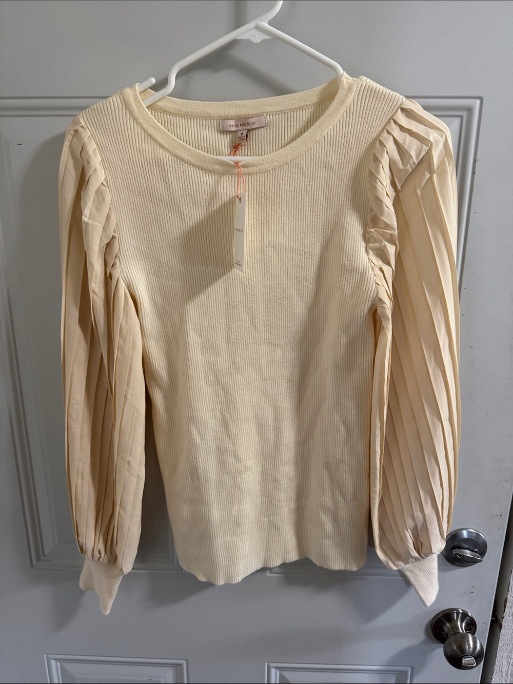 Pleated-Sleeve Long Sleeve Top in Cream